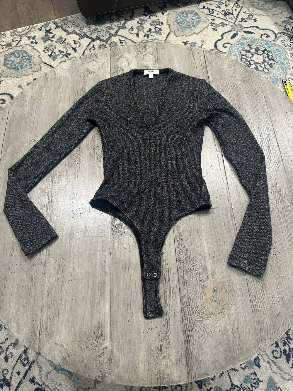Agolde Dark Charcoal Ribbed V-Neck Long-Sleeve Bodysuit